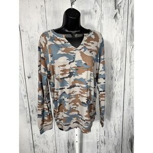 Mono B Womens Camo V-Neck Raglan Long Sleeve Pullover Sweatshirt Blue Brown M